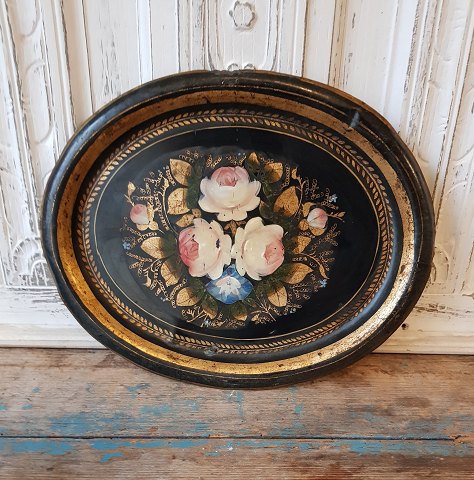 1800tals metalbakke med smukt håndmalet blomstermotiv