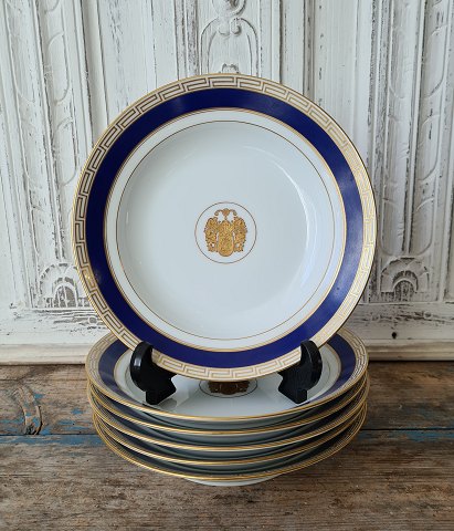 Set on 6 B&G small soup plate decorated with royal blue, Greek eternity pattern and coat of arms in gold 21 cm.
