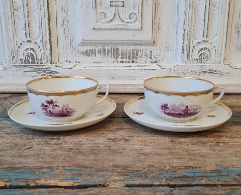 Royal Copenhagen Juliane Marie - large teacups decorated with landscape and flowers in purple and gold no. 12060