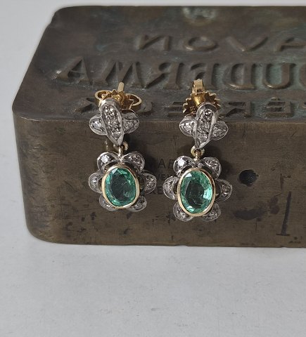 Pair of antique emerald and diamond earrings in silver and 18k gold